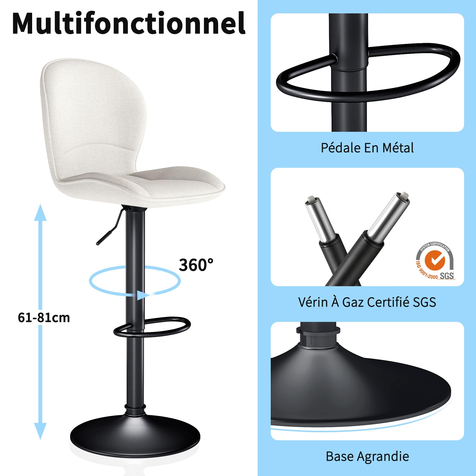 LEWE Tabourets de Bar Modernes Lot de 2, Réglables en Hauteur Chaise de Bar Pivotant à 360°, avec Dossier, Repose-Pieds Métallique pour Cuisine Bar, Salle à Manger, Salon-Beige