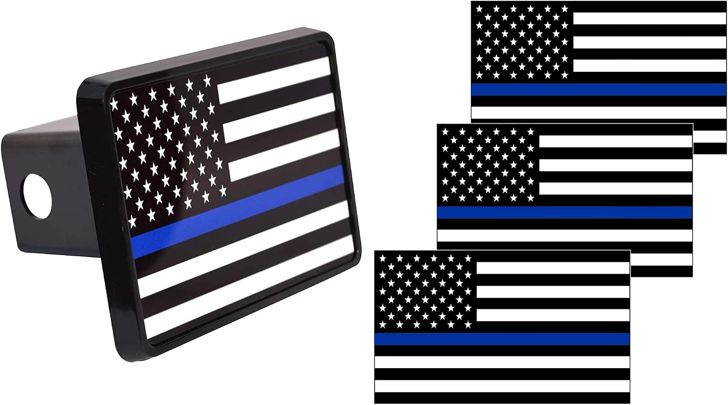 Rogue River Tactical Thin Blue Line Flag Trailer Hitch Cover Plug and Three USA Blue Line Flag Sticker Decal Combo US Blue Lives Matter Law Enforcement Bundle Police Department PD Gift Set