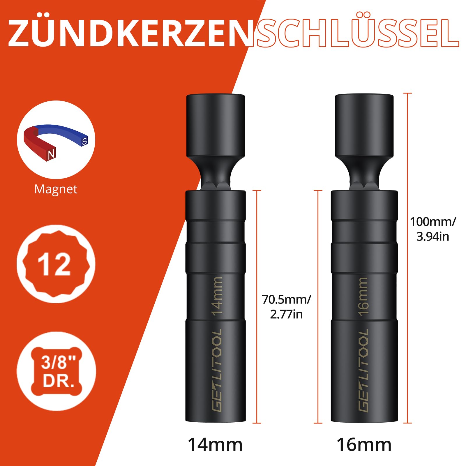 GETLITOOL 2 szt. kluczy do świec zapłonowych 14/16 mm długości 10 cm z kwadratowym trzonkiem 3/8", 2 x 12-kątne nasadki do świec zapłonowych CVR, obrotowy klucz magnetyczny o 360° do usuwania świecy