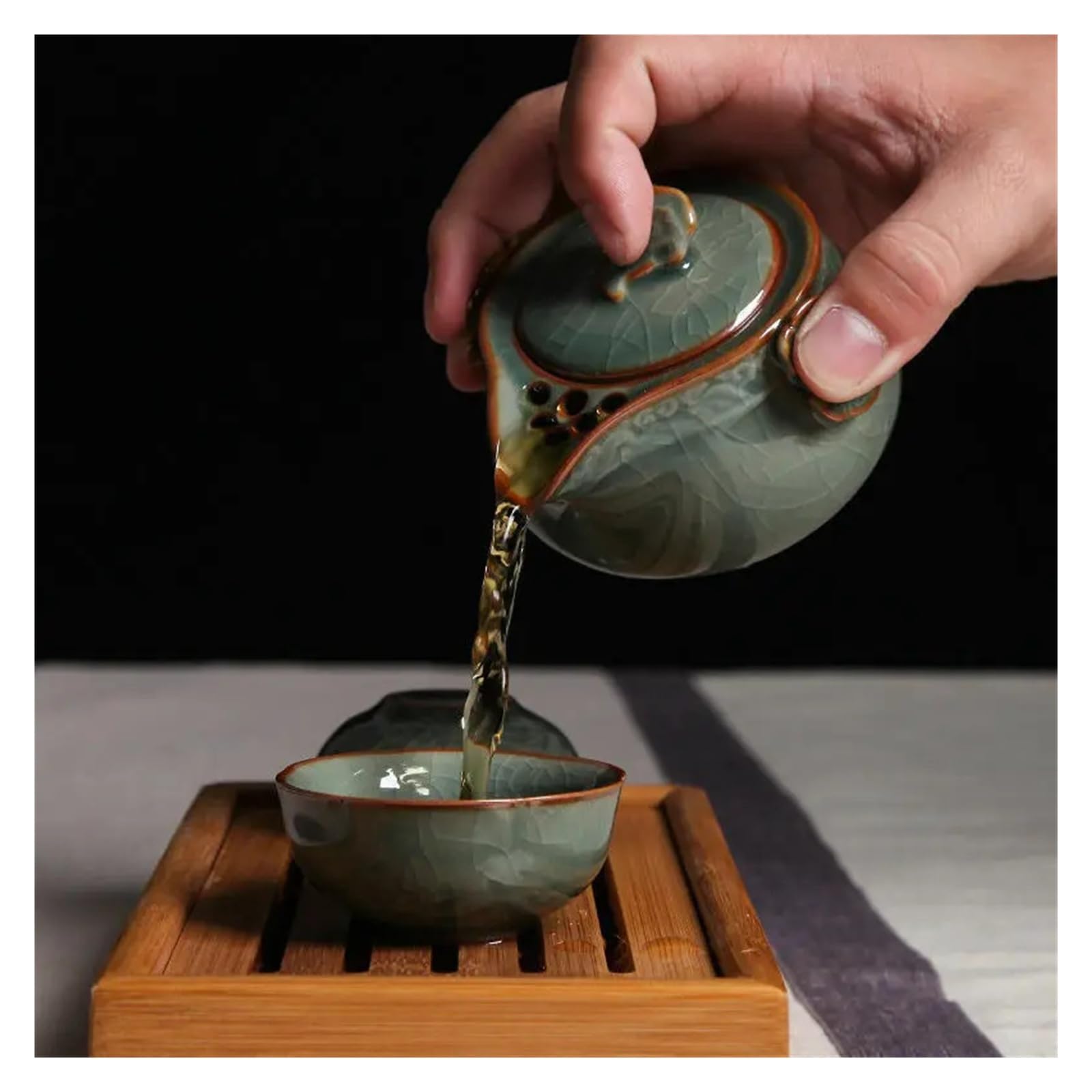 Juego de té portátil Longquan Celadon, olla con 2 tazas de té