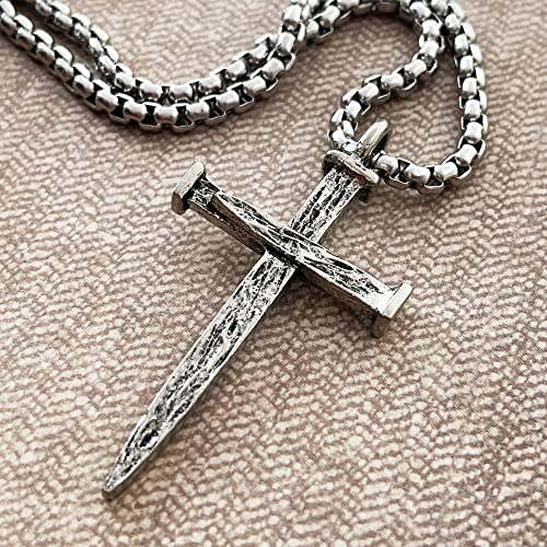 FORGIVEN JEWELRY Nail Cross Large For MenAntique Silver Finish Pendant Heavy Stainless Steel Chain Necklace4