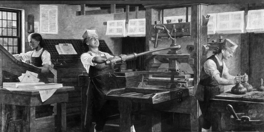 Benjamin Franklin (1706-1790) Namerican Printer Publisher Scientist Inventor Statesman And Diplomat Franklin (Center Operating Printing Press) And Other Apprentices At Work In The Print Shop Of His Br