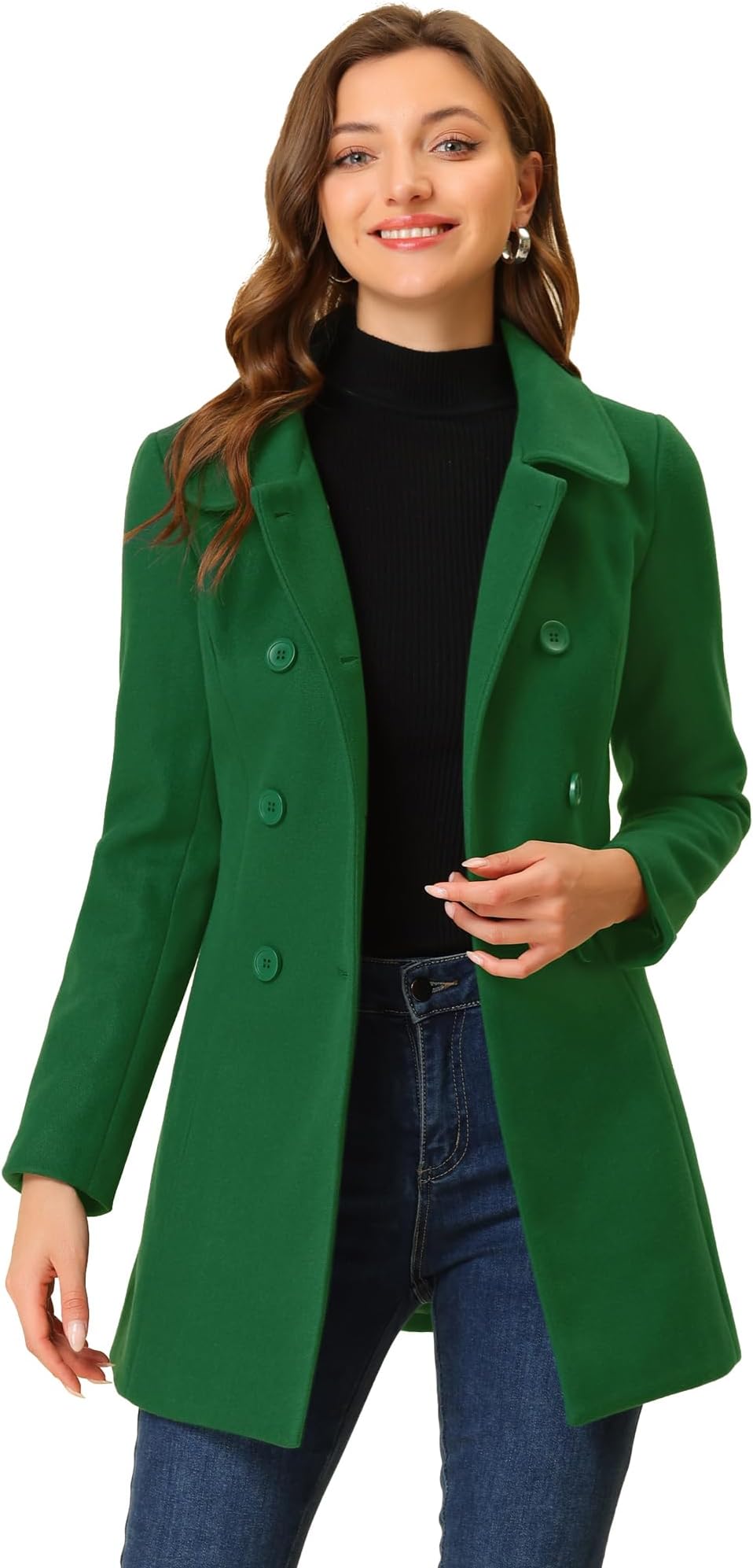 Allegra K Women's Notched Lapel Double Breasted Winter Plaids Coat | Warm casual peacoat, Versatile office daily outerwear, Loose relaxed fit, Elegant stand collar detail,