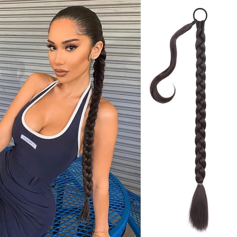 Image of 24 inch Heat Resistant Clip In Synthetic Straight Hair Extensions - Synthetic Hair Extension /Ponytail Long Braided Ponytail With Elastic Hair Ties Synthetic Hair Extensions (Style 13)
