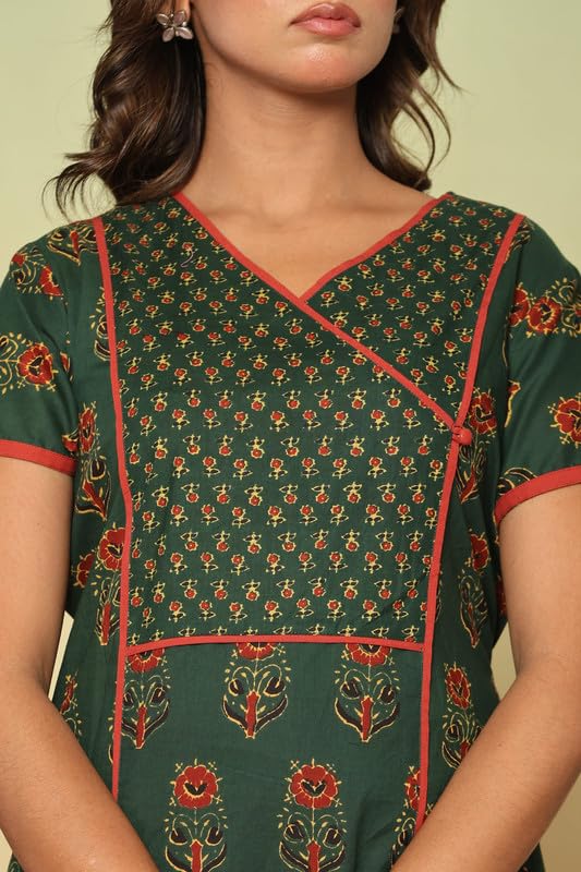 Image of NIHSAMAH Cotton Night Gown for Women - Angrakha Style Nighty, Comfortable Sleepwear /Nightwear /Maxi