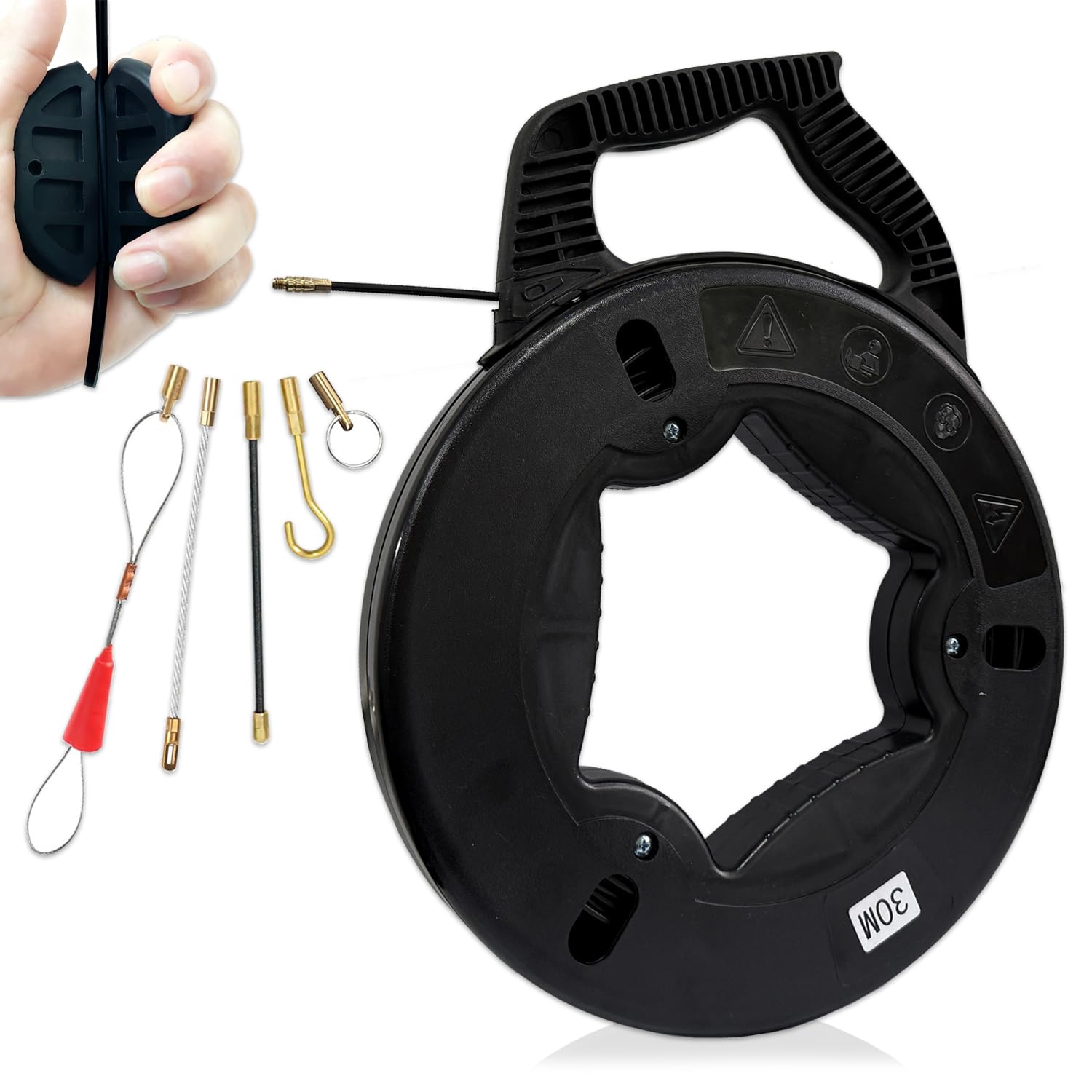 Sonda Passacavi in Fibra di Vetro 30m Sonda Elettricista Fish Tape 3,8mm Sonda Tiracavi Cavo Estrattore Cavi incl. 6 Adattatori Per Cavi Elettrici Tubi Vuoti Sonda Elettricista Infrangibile