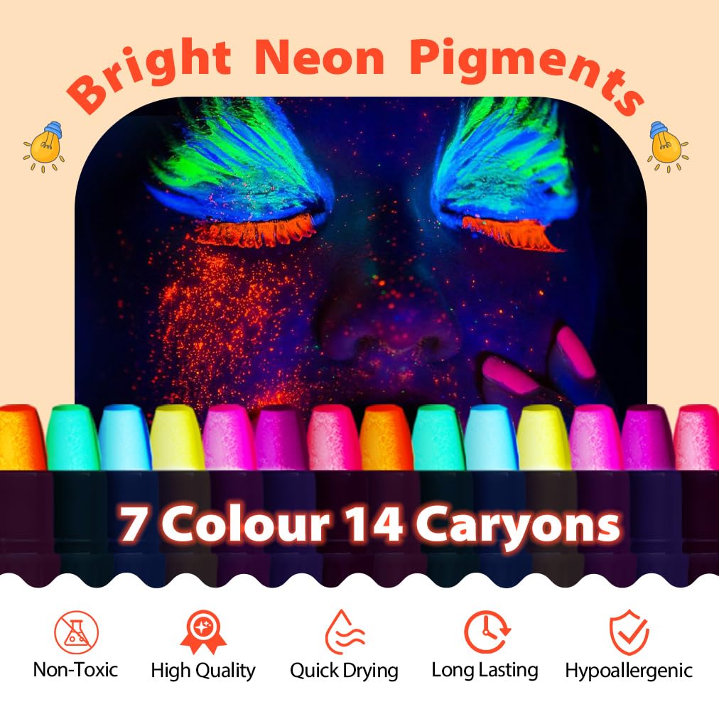 Crayons de Maquillage UV, 14 Crayons De Peinture UV Néon pour Le Visage Et Le Corps, Lavable et Non-Toxique, Maquillage pour Enfants, Idéal pour Carnaval, Festivals, Mascarades, Festa di compleanno