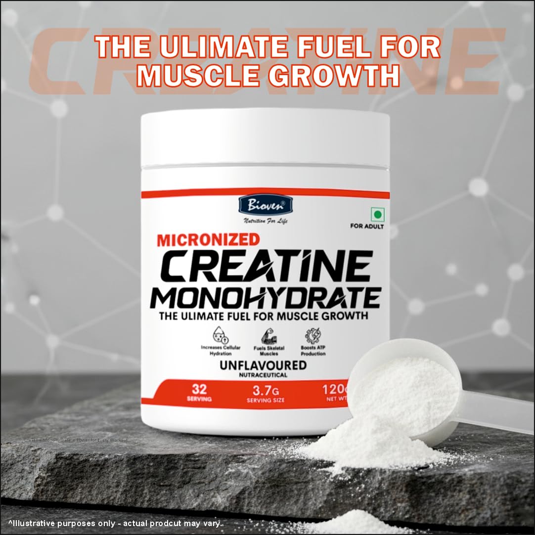 Biovencer Creatine Monohydrate Powder 120g | Muscle Support & Strength Nutrition | Unflavoured Pre-Workout Supplement for Adults 1