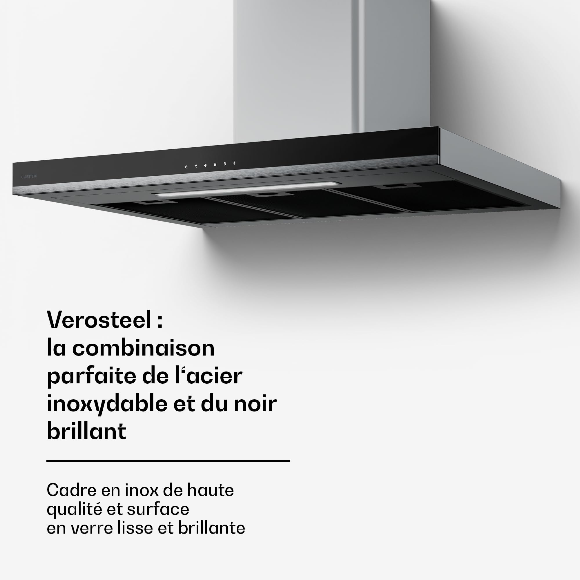 Klarstein Verosteel Hotte Aspirante 90 cm - Hotte Murale, 881,6 m³/h, A++, Commandes Tactiles, LED, Inox & Verre, 3 Vitesses + Boost, Filtre Charbon, Hotte Cuisine Silencieuse