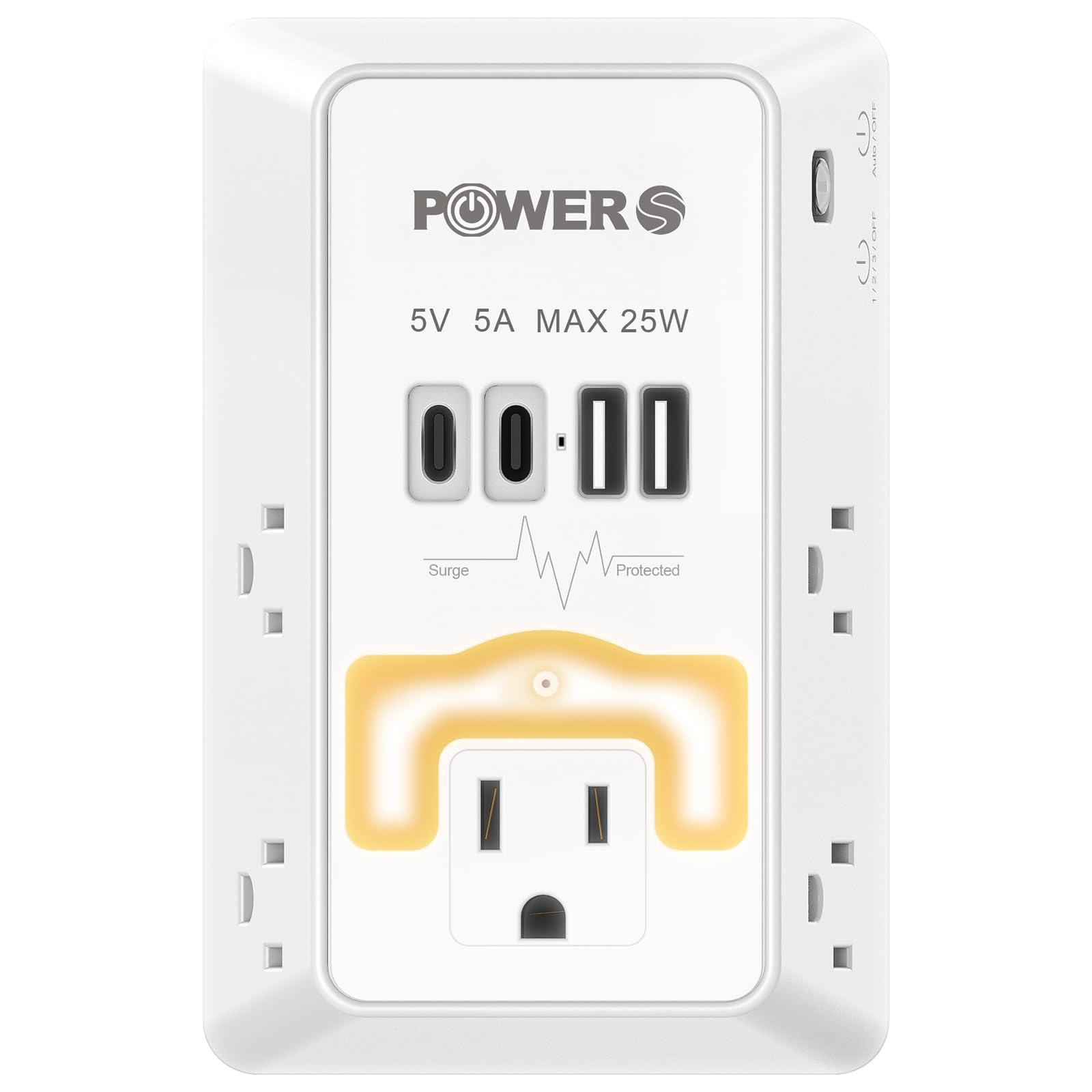 Multi Plug Wall Outlet with USB Ports(2C2A), Snug Wall Outlet with Night Light, Surge Protector, Wall Plug Adapter for Multiple Devices, Wall Socket