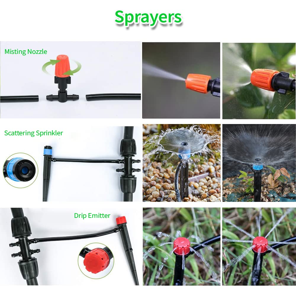 240FT Drip Irrigation Kit, Adjustable Plant Mister, Automatic Irrigation System, Mefape Sprinkler System, Garden Watering System for Greenhouse Yard Lawn, 1/2” 1/4” Drip Tubing