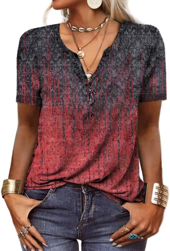 Akivide Womens Ethnic Boho Floral Printed Short Sleeve Casual Blouse Shirt Summer Tunic Tops Plus Size