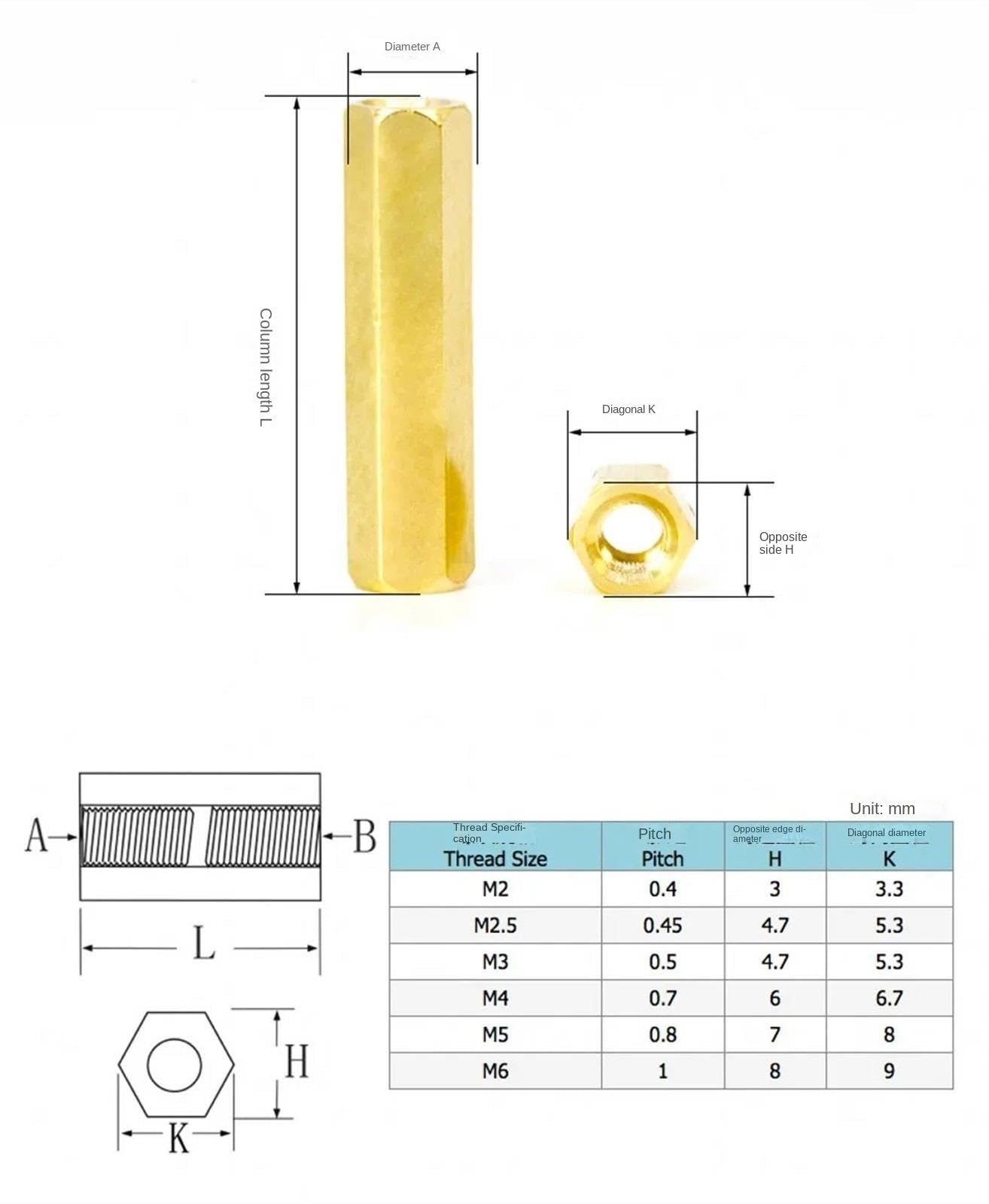 100 sztuk/partia M2/M2.5/M3*L kobieta z łbem sześciokątnym mosiężne śruby dystansowe filar gwintowany PCB komputer płyta główna PC dystans dystansowy (Color : 50mm, Size : M6)