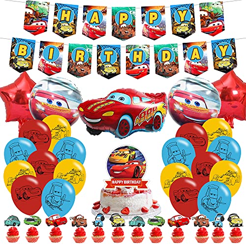 The Lightning Cars McQueen birthday party supplies,Birthday Party Supplies for Lightning Cars McQueen for kids with happy birthday banner,cake topper ,balloons for Lightning Cars Mcqueen theme birthday party decorations