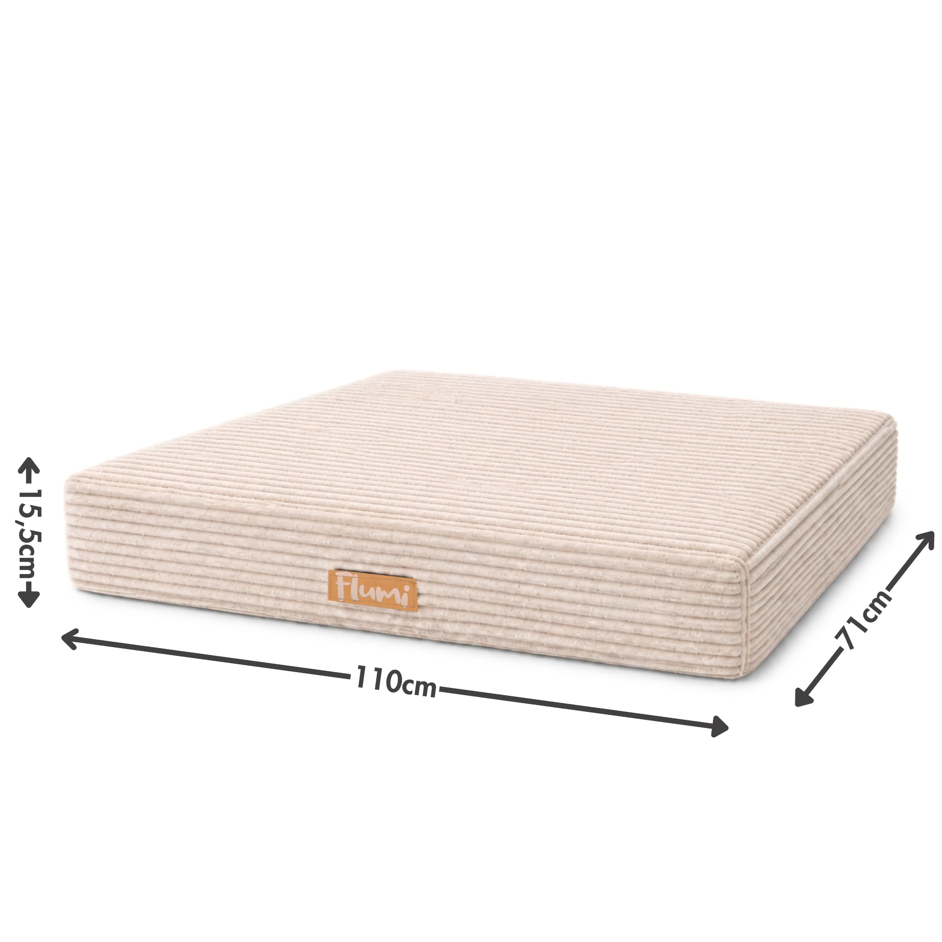 Flumi Hüpfpolster mit Namen, weiches Bodenkissen mit Cordbezug, Indoor Bewegungsmatte für Kinder, 110 x 71 x 15,5 cm (Beige)