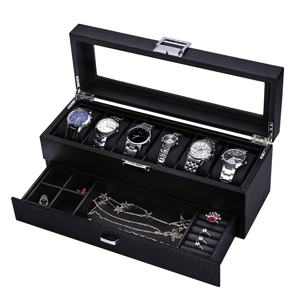 anyasunLeather Watch Box -Watch Display Case for Men-6 Slots Watch Case storage with Valet Jewelry Drawer by Carbon Fiber Design, Real Glass Window Top and Lockable … (6 Slot with Drawer)