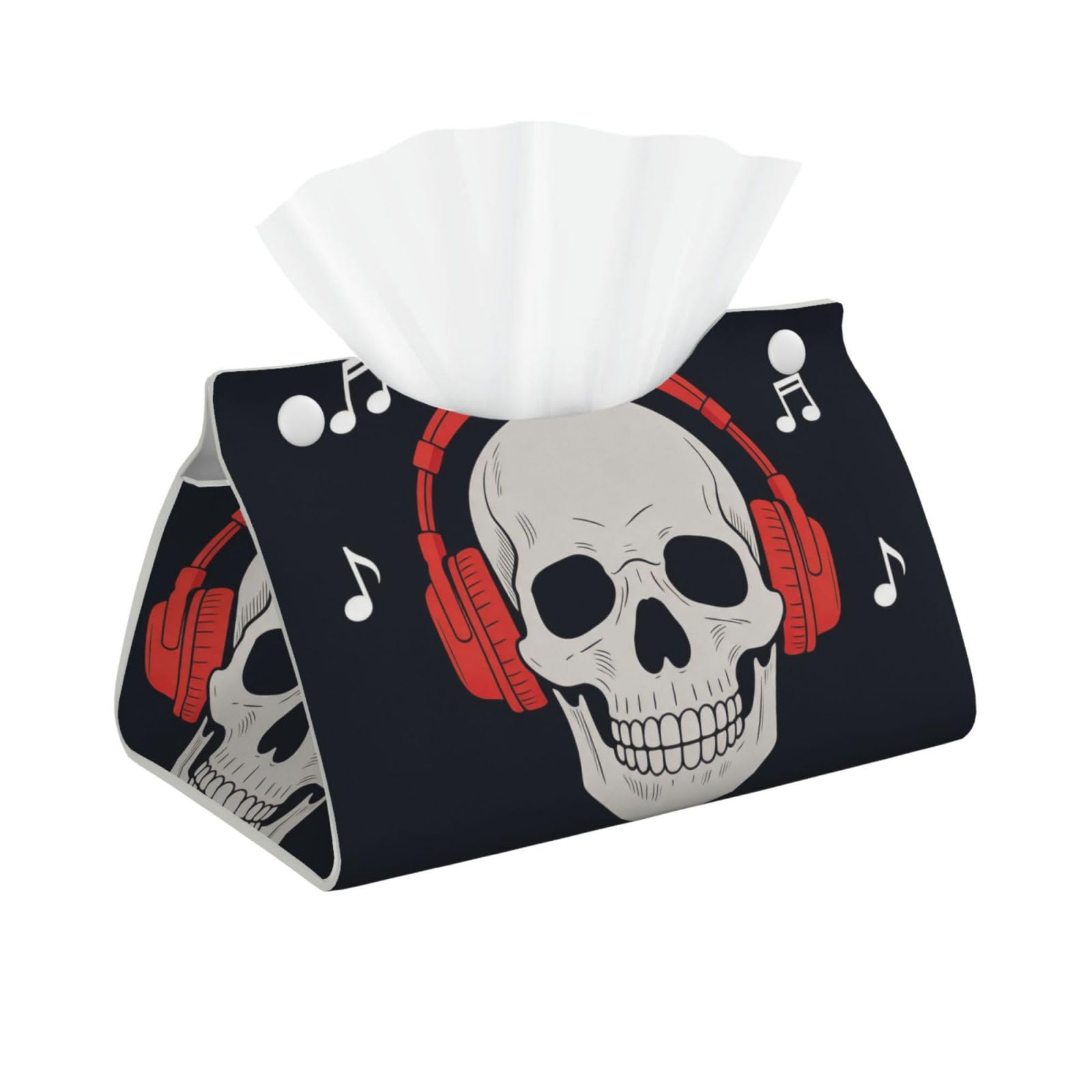 Headphone Skull Flat Long Leather Tissue Box Cover-Waterproof PU Leather Tissue Holder for Bathroom, Decorative Rectangular Tissue Case