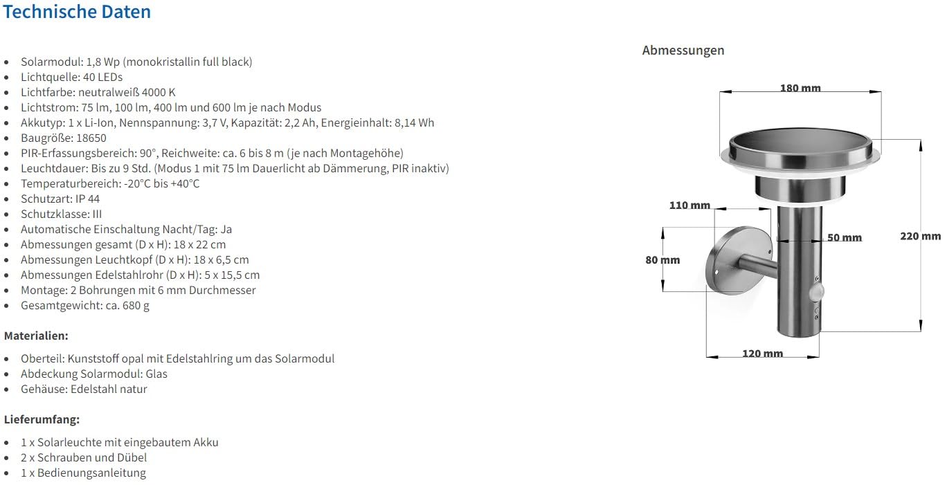 Esotec Solar Wandleuchte mit Bewegungsmelder TINI, 3 Modi, Edelstahl 102595