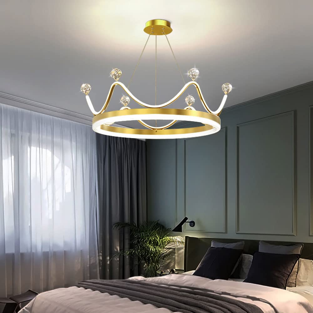 KLXSIVU LED Dimming Round Chandelier Light - Modern Gold Fixture for Girls Bedrooms 20 Inch Pink Kid Chandeliers Crown Ceiling Pendant Dining Room & Children Living