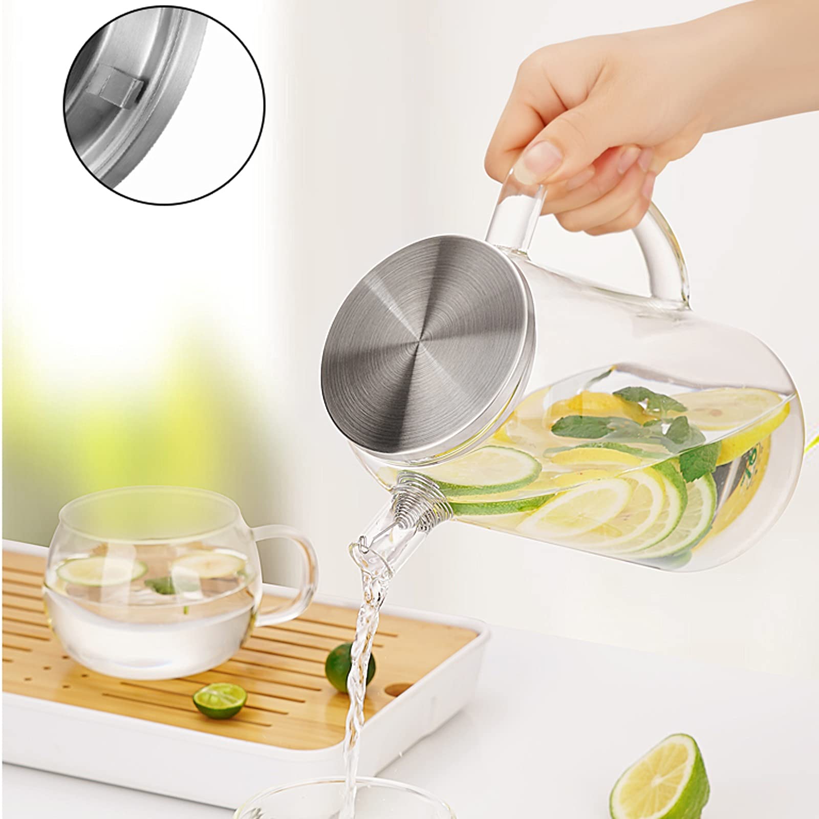 Jarra Agua Fria Jarra de vidrio para el hogar con cubierta de acero inoxidable Estilo japonés CAPACIDAD GRANDE CAPA FRÍA CARAFE PARA JUGO, LECHE, BEBIDAS CALIENTES Y FRÍAS Jarra Agua Detox Frutas