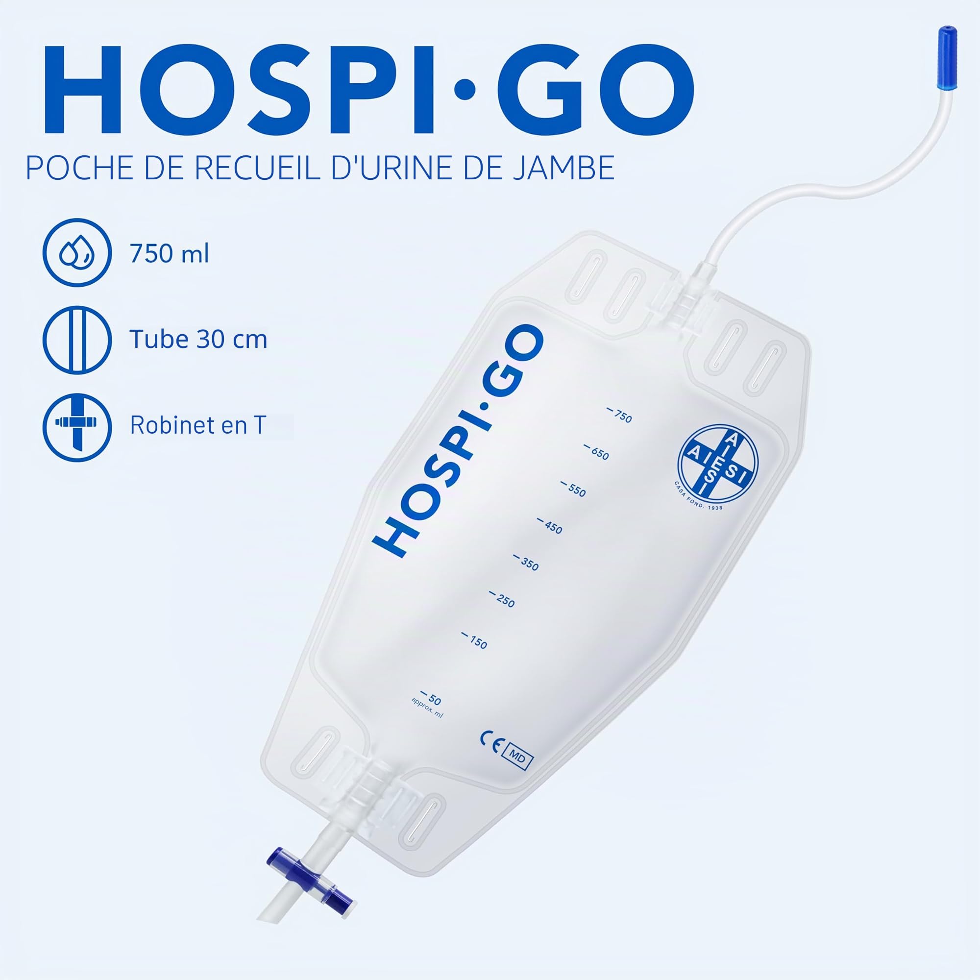 AIESI® Sac de drainage urinaire de jambe capacité 750 ml tube 30 cm avec robinet de vidange en croix (T) et valve anti-reflux HOSPI-GO (Paquet de 10 pièces), Dos en TNT respirant