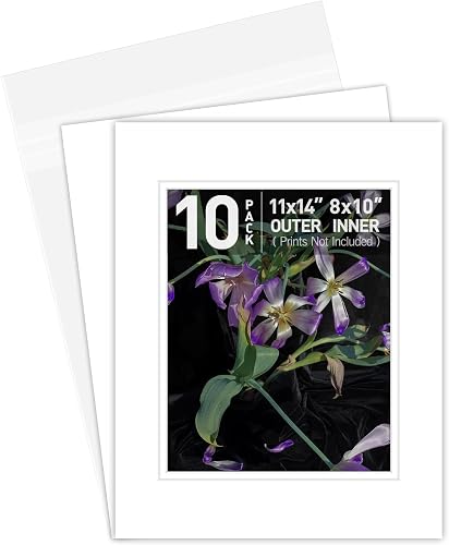Golden State Art, Double Picture Mats with White Core Bevel Cut for 8X10 Photo Pictures (Mats, Backing, Clear Bags Included), White Over White, 11x14-10 Pack (Double Mat)