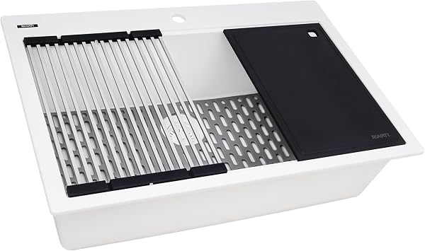 Ruvati 33-inch Granite Composite Quartz Workstation Drop-in Topmount Kitchen Sink Matte White - RVG1306WH