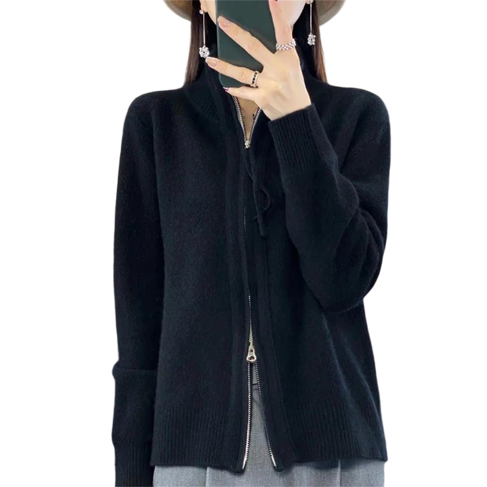 WomenS Wool Two Way Zipper Cardigan Loose Casual Knit Sweater Solid Color Soft Warm Fall Winter Coat