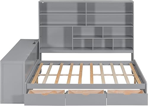 Miniatura 6 de Sofá cama de madera de tamaño matrimonial con armario y estantes todo en uno, marco multifuncional de sofá cama con escritorio convertible y 3