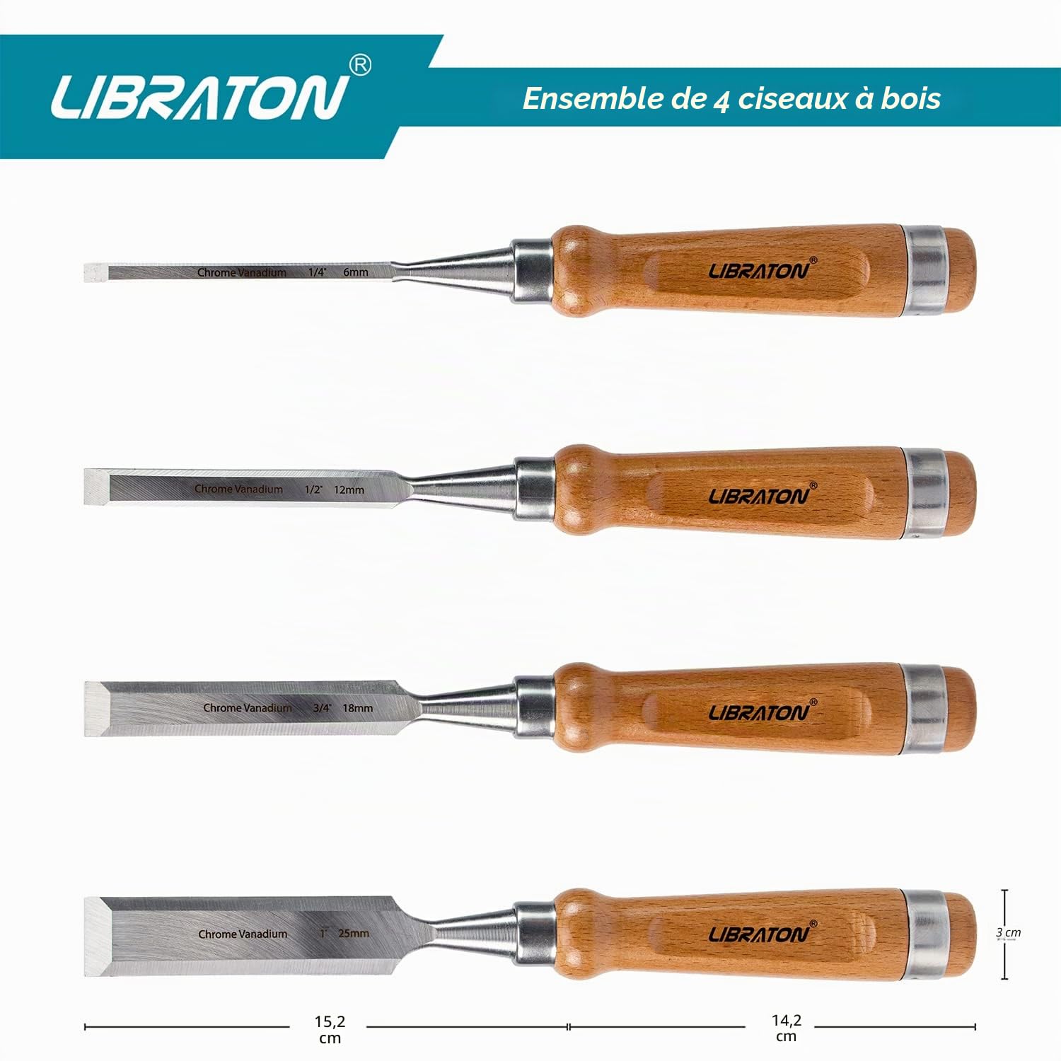 Libraton Professional 4pcs Ensemble de ciseaux à bois Poignées en bois robustes Ensembles de ciseaux Cr-V avec étui en cuir pour le travail du bois, sculpture 6mm, 10mm, 18mm, 25mm