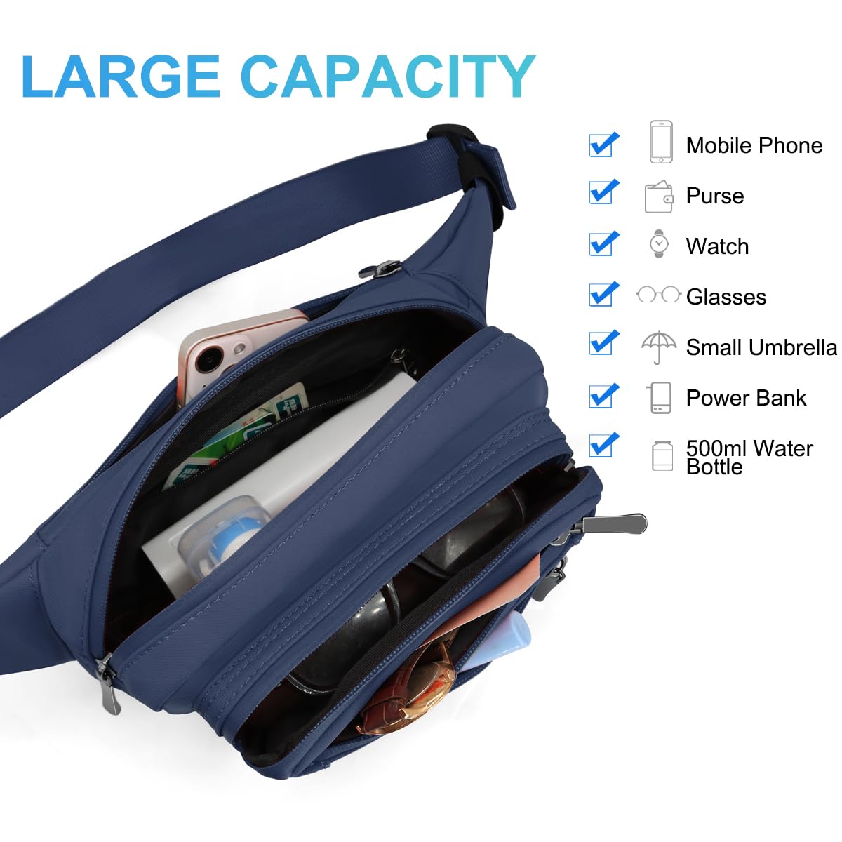 REETEE Waterproof bumbags for Ladies Men Fashion Bum Bag with Adjustable Belt and 5 Zipper Pockets Large Capacity Fanny Pack Waist Bag for Outdoors Sport - Image 3