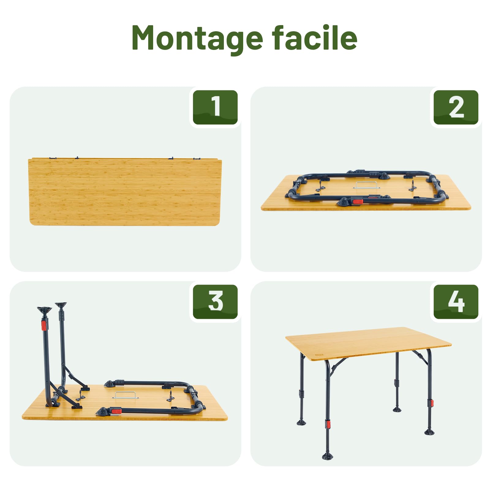 Timber Ridge Table Camping Pliante Bambou Hauteur Réglable 4-6 Personnes | Plateau en bambou élégant, hauteur réglable, table pliante pour 4-6 personnes avec sac de transport pour camping et jardin