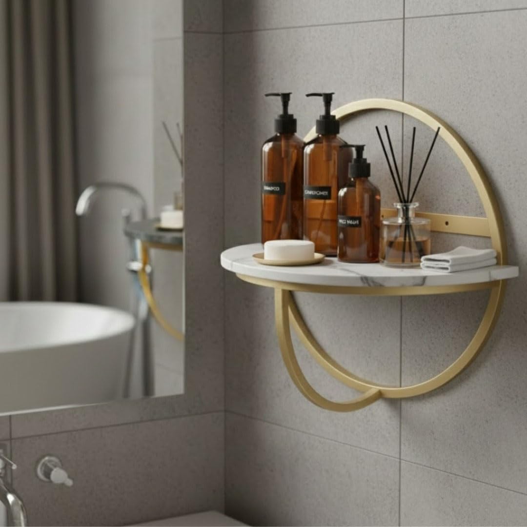 Modern Round Wall Shelf with Elegant Metal Frame and Wooden Top Marble Finish Shelf for Living Room, Bedroom & Home Décor Display (White Gold)-image-17