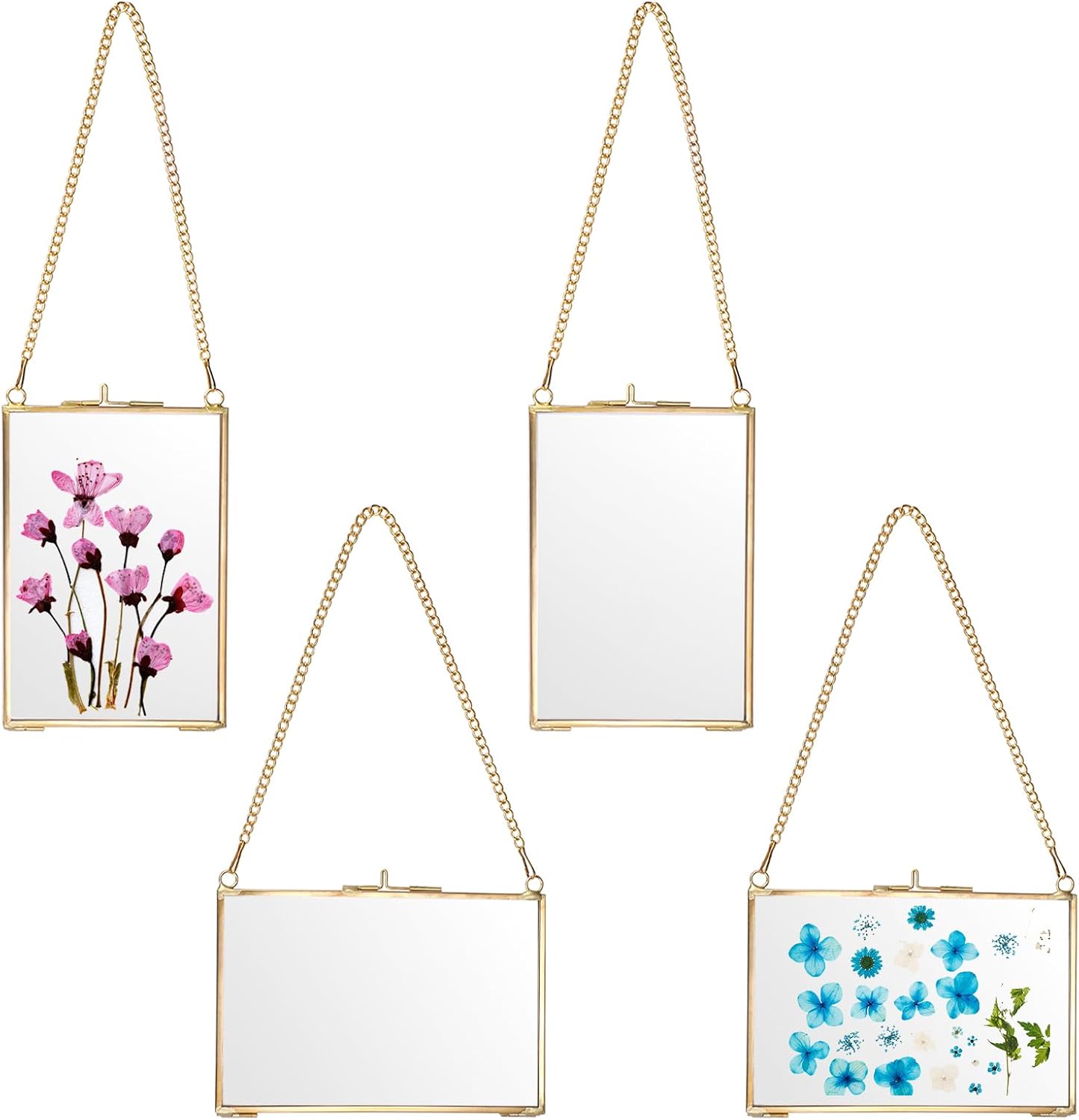 JUXYES 4 Pack Wall Hanging Brass Pictures Frame for Pressed Flowers, Golden Glass Hanging Picture Artwork Display Frame, Double Glass Floating Frame Style for Photo Picture Poster etc, 4X6 Inches