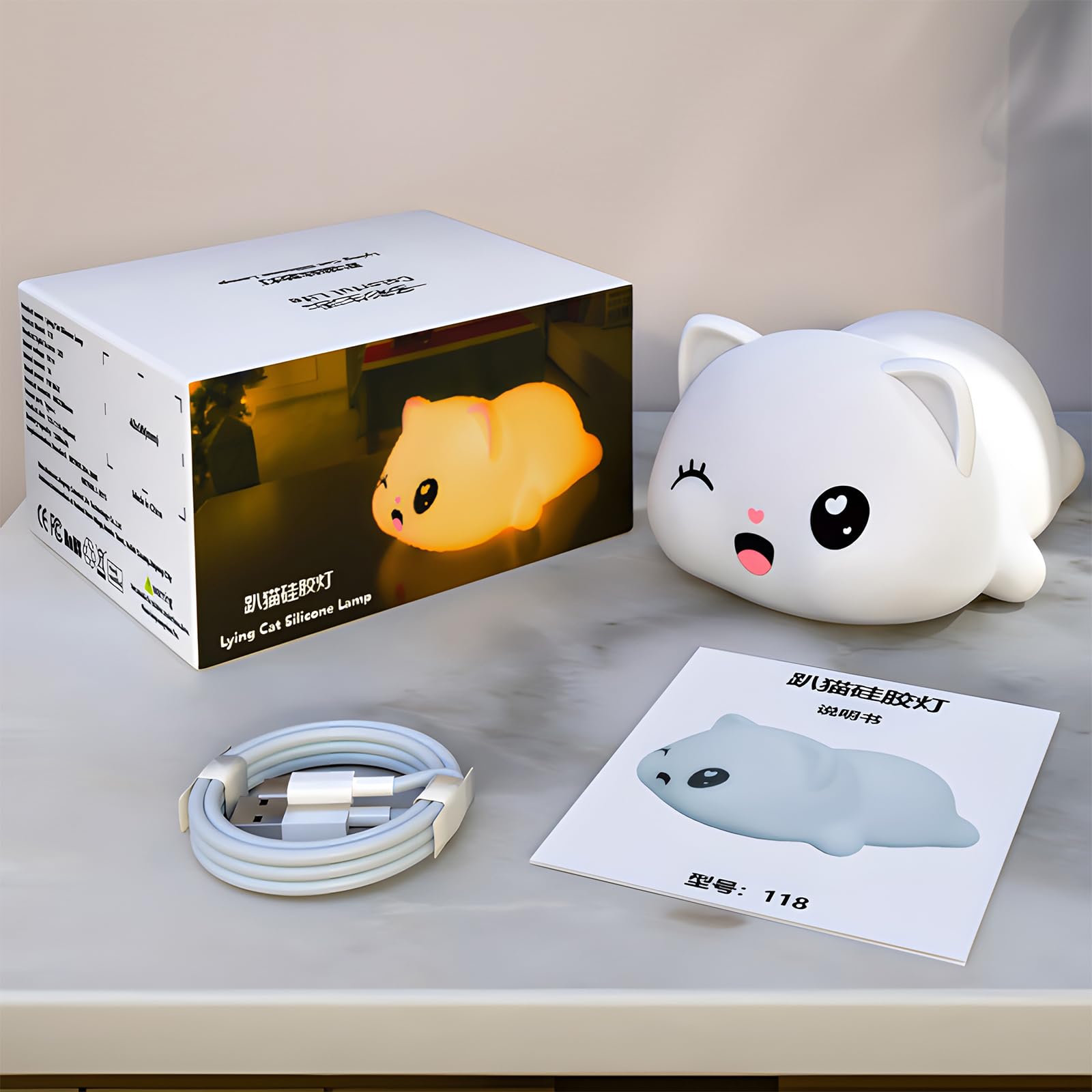 Colorful Life Linda luz de grifo de silicona para gatos, luz nocturna suave con 3 modos de color, lámpara LED recargable para mesita de noche para niños y niñas (blanco cálido, se ilumina cuando se