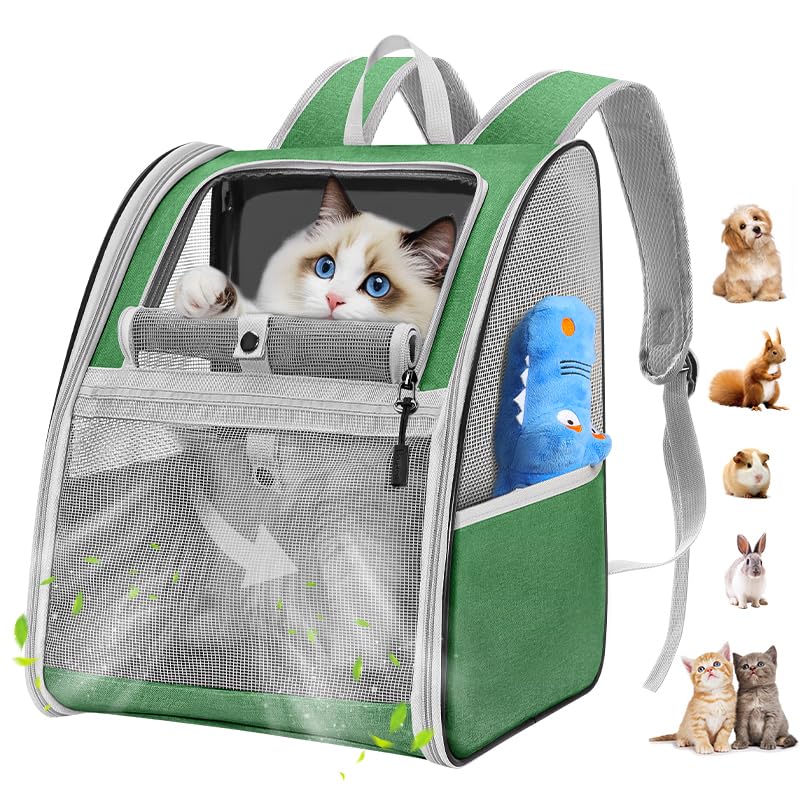 Pawaboo Zaino per Gatti Cani, Borsa per Animali Piccoli, Zaino da Viaggio per Gatti Cani Fino a 10 kg, Contenitore da Trasporto Traspirante con Supporto, Borsa per Viaggio Passeggiata, Verde Scuro