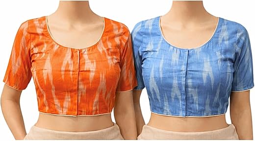 EvaRiya Women’s Readymade Ikkat Cotton Saree Blouse for Women | Front Open Ethnic Printed Blouse, Short Sleeve | Comfortab...