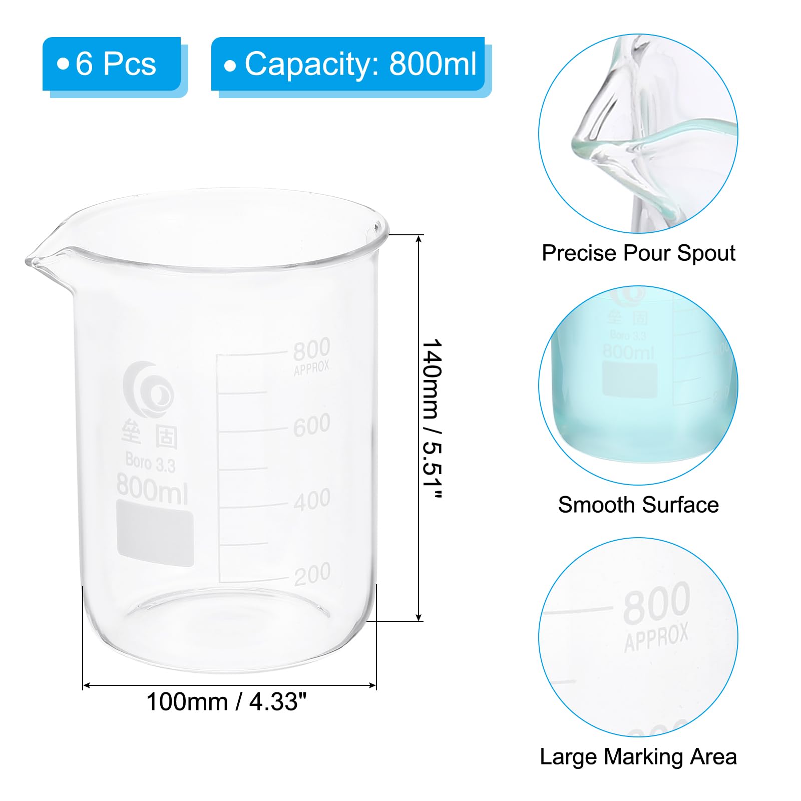 PATIKIL 6Pcs 800ml Becher Bas En Verre 3.3 Bechers En Verre Transparent