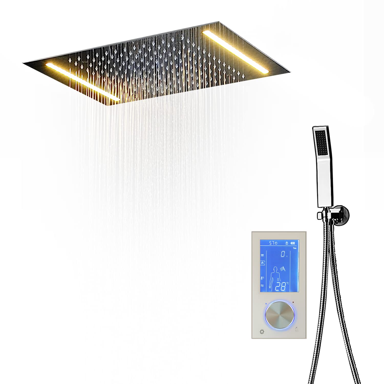 Cascada Digital Thermostatic 14" x 20" Square White LED Shower System (Ceiling Mounted) with LCD Touch Screen & 2 Mode Functions (Rainfall & Handheld Shower) (Polished Stainless Steel)