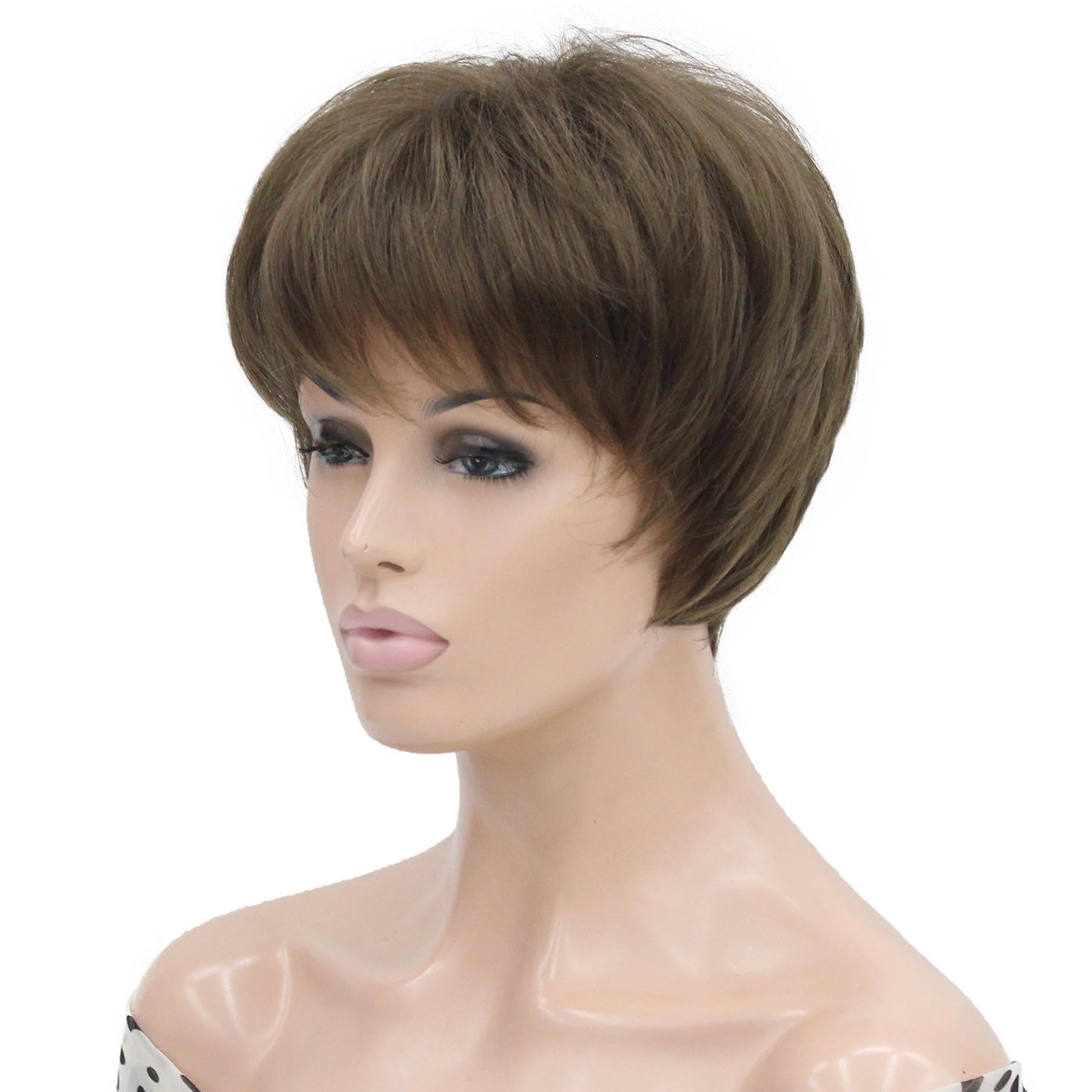 Lydell 6-8" Straight Short Bob Wig Layered Shaggy Flat Bangs Heat Resistant Synthetic Wigs 10 Light Medium Golden Brown - Image 3