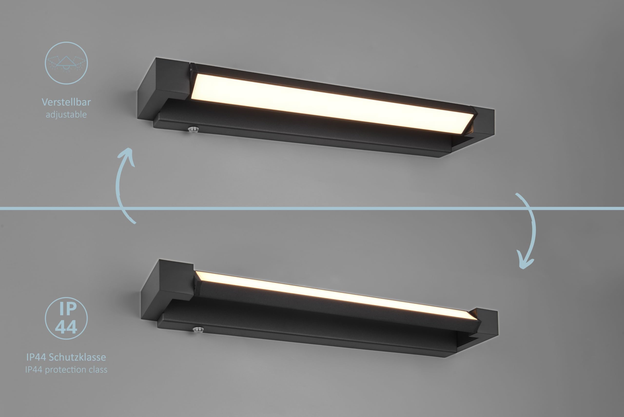 LED Wandleuchte Fabian, lange Wandlampe Badezimmer, Innen Außenbereich, schwenkbar, dimmbar, IP44, Lichtfarbe & Helligkeit einstellbar, Höhe 6 cm Breite 50 cm, Aluminium, Schwarz Matt