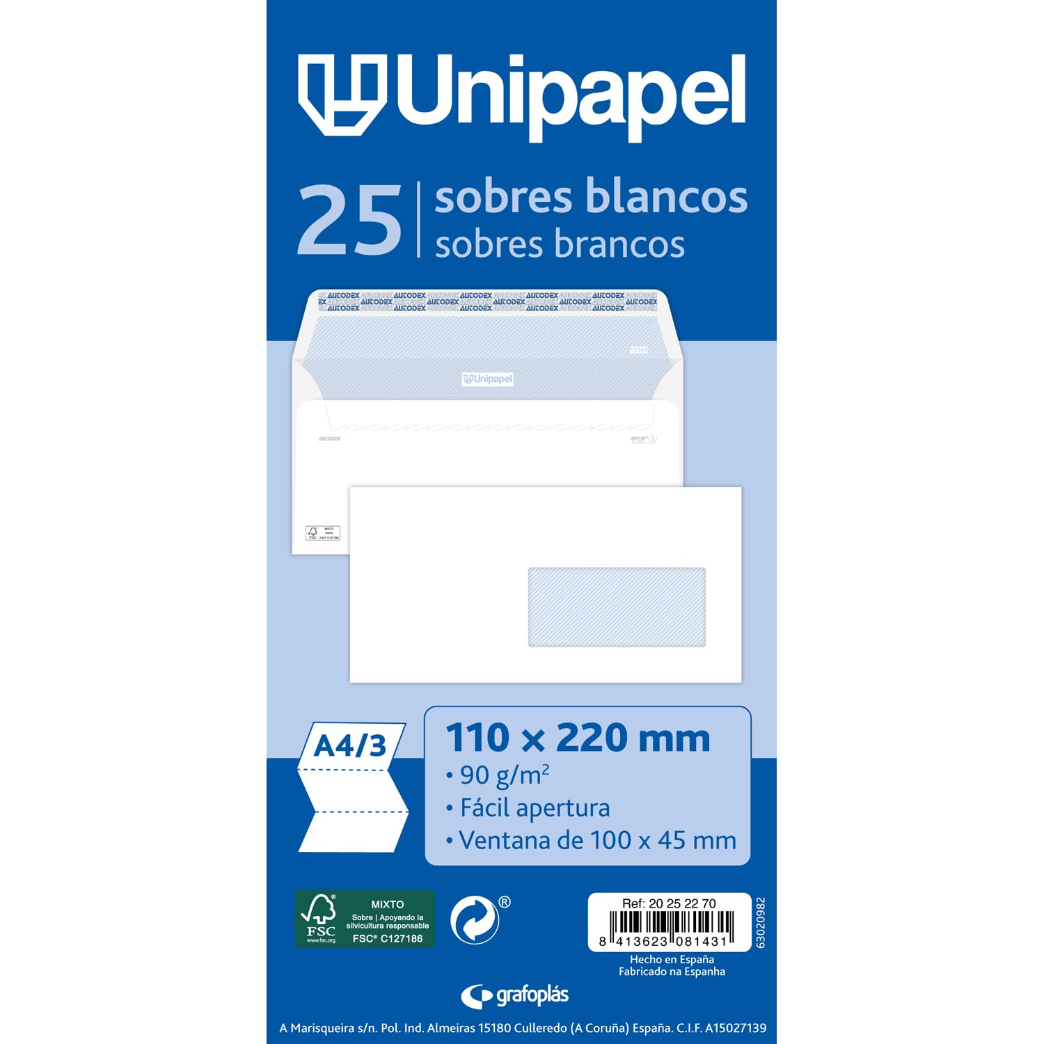 Unipapel Set van 25 enveloppen met rechts venster, 110 x 220 mm, rechte sluiting met zelfklevende siliconen strip Autodesk, wit papier van 90 g, eenvoudig te openen, FSC, perfect voor brieven A4