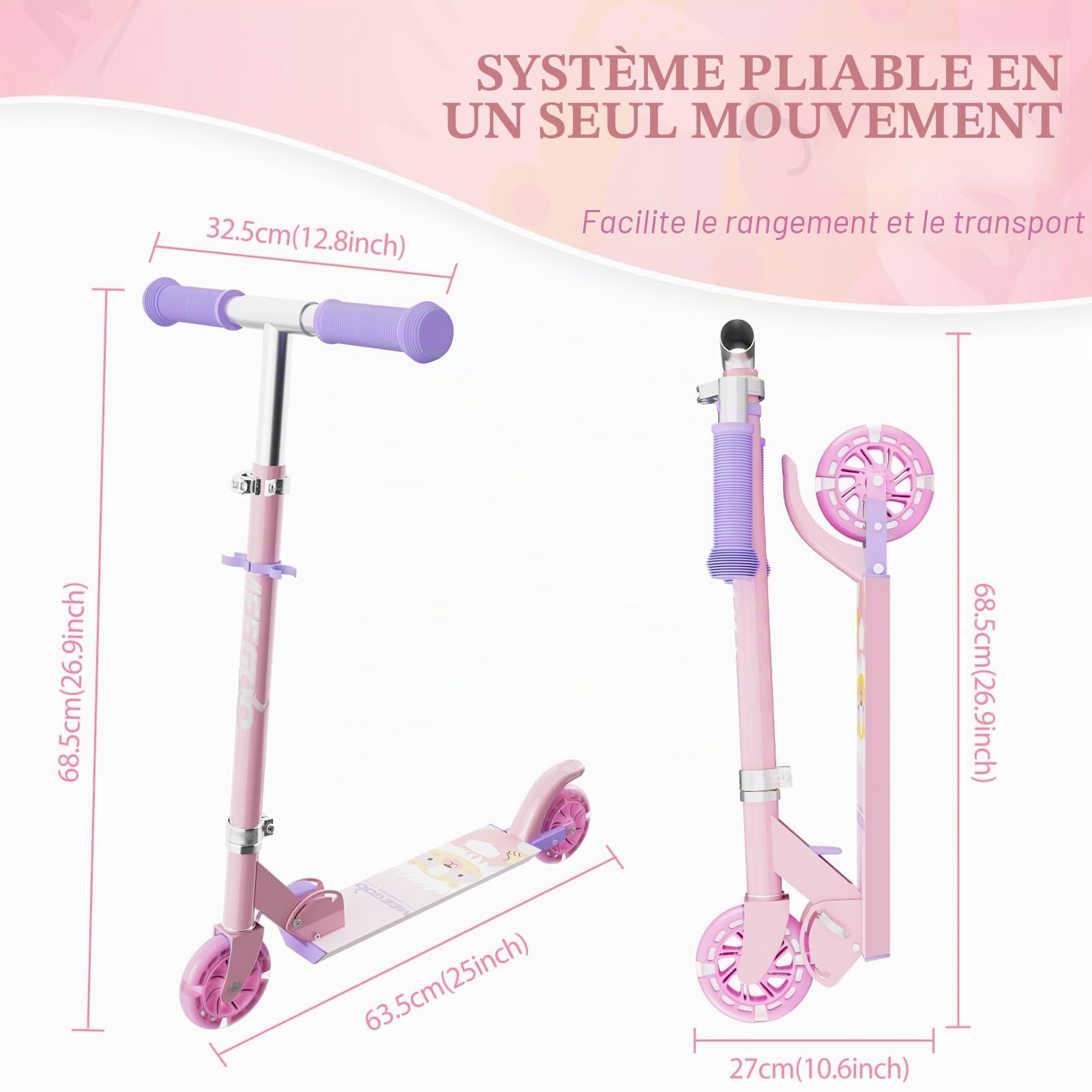 MEE GOO Trottinette pliable en aluminium pour enfants de 8 ans et adultes - Hauteur réglable - Avec frein à main et cloche