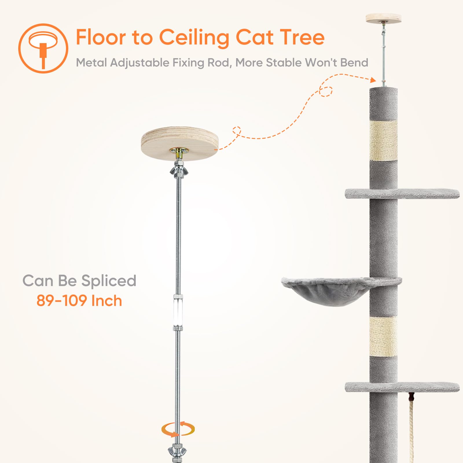 Cat Tree 5-Tier Floor to Ceiling Cat Tower with Cozy Hammock, 89-109 Inch Adjustable Height, Sisal Scratching Post, Provides Vertical Enrichment for Jumping & Climbing, Grey — view 6