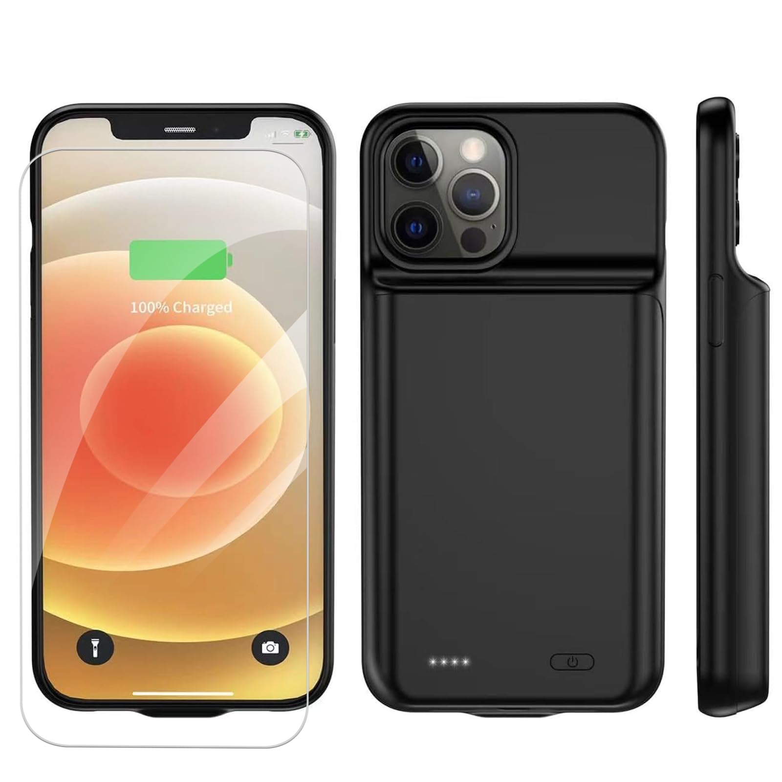 Funda de batería mejorada de 8500 mAh para iPhone 12 Pro Max (6.7 pulgadas), funda de carga delgada y recargable con protector de pantalla, paquete de alimentación portátil protector negro