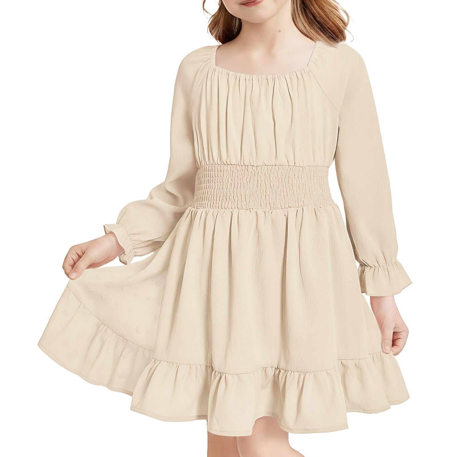 JiAmy Mädchen Kleid Quadratischer Ausschnitt Langarm Herbst A Linie Kleider Kinder Casual Elegante Party Prinzessin Festlicheskleid für Mädchen 5-13 Jahre