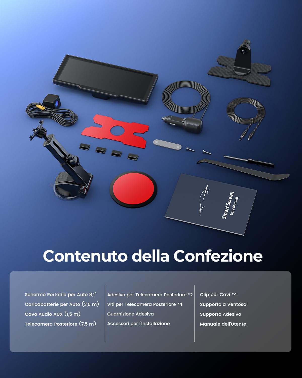 Schermo Portatile Wireless da 8，1" Car Play per Apple CarPlay & Android Auto, Aggiornamenti OTA, Telecamera di Retromarcia, Mirror Link, Bluetooth 5.0, Controllo Vocale, Navigazione GPS, FM