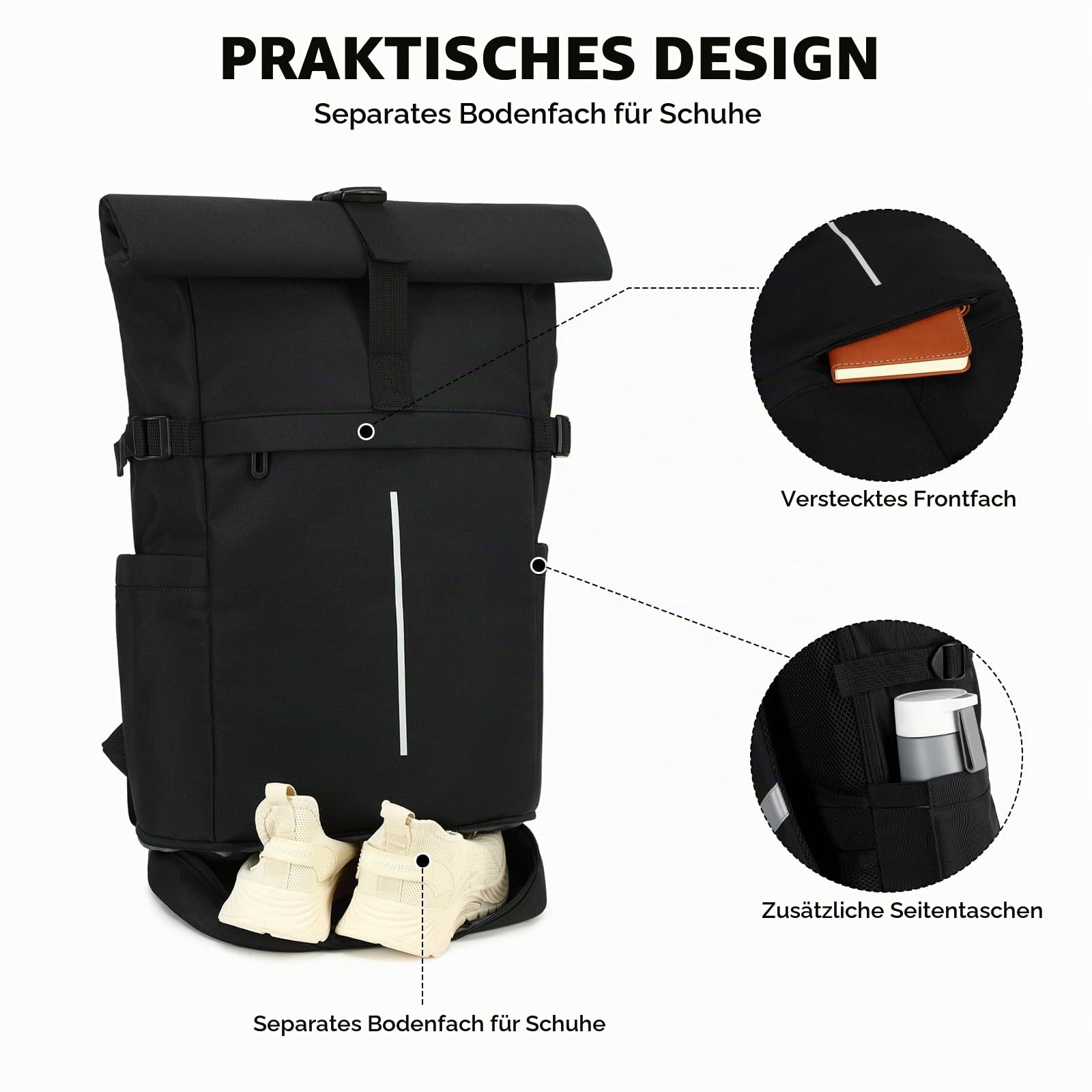 Myhozee RollTop Rucksack Herren Damen 25L-30L LaptopRucksack Schulrucksack für Uni Fahrrad Freizeit Job Sport Reisen, Radsport Stylische Tagesrucksack Waderrucksack mit Laptopfach & Schuhfach - Beige
