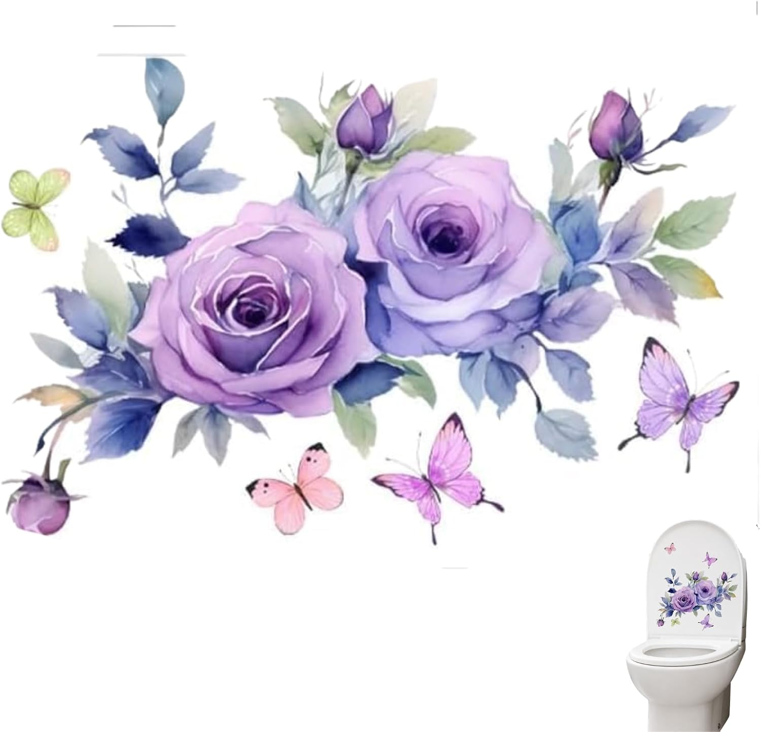 Butterfly Floral Toilet Seat Lid Decals, Purple Self-Adhesive Bathroom Wall Stickers, Waterproof Removable Toilets Sticker
