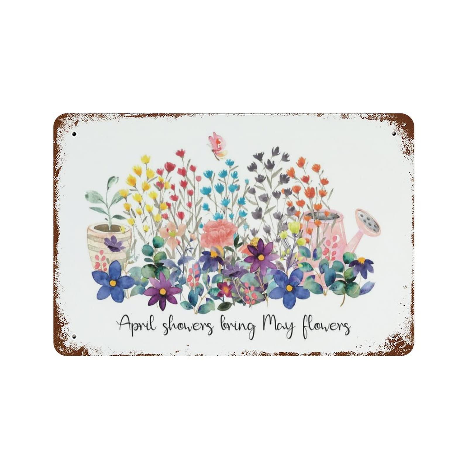 Pibonto Women's Wall Art April Showers Bring May Flowers Spring Metal Tin Sign Retro Poster Decor Wall Decor For Bathroom Coffee Shop Decor Bar Man Cave Garage Wall Decor Gift For Men 5.5X8 Inch Plaque Tin Sign